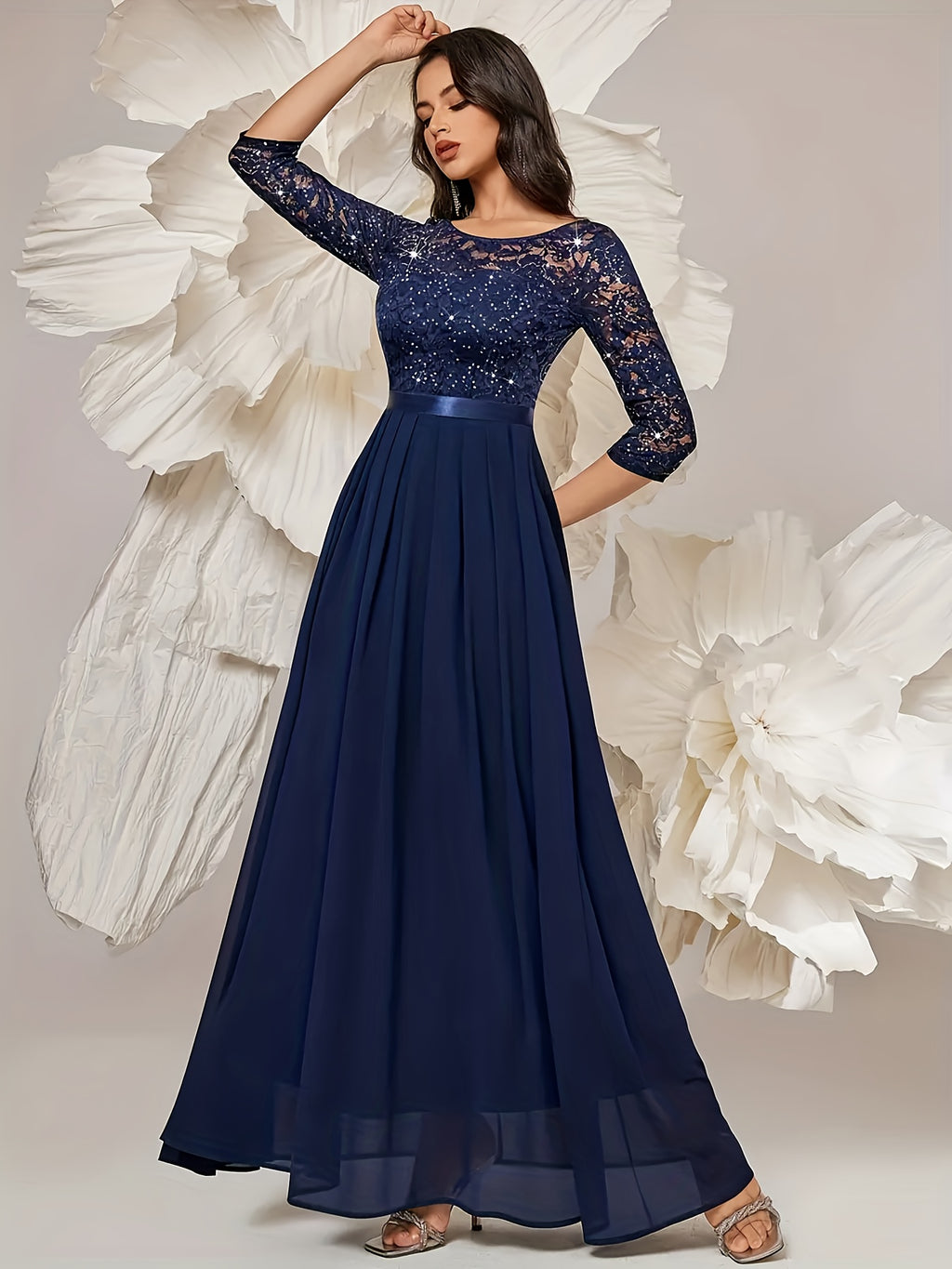 Women'S Elegant Lace Sequin Dress, Waist Tapered Satin Ribbon Patchwork, Underskirt Chiffon Pairing, Showcasing Flowy - Royal Blue