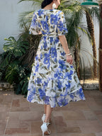 Women's Floral maxi Dress - Elegant Flowy Formal & Casual Event Gown, Non-Stretchy Fabric, Flared A-Line Skirt for Wedding, Party, Vacation - Spring/Summer/Fall Evening Outfits, Floral Print Dress, Summer Outfit, Machine Washable, Bridal Guest Outfit - Deep Sky Blue