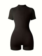 Women'S Elegant Small Stand-Up Collar Ribbed Fabric Bodycon Jumpsuit - Black
