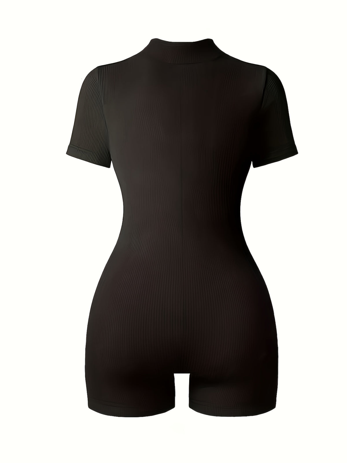 Women'S Elegant Small Stand-Up Collar Ribbed Fabric Bodycon Jumpsuit - Black