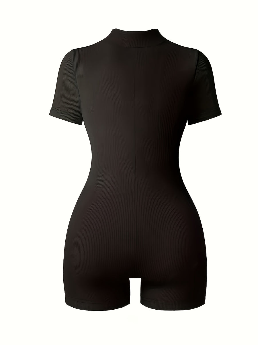Women'S Elegant Small Stand-Up Collar Ribbed Fabric Bodycon Jumpsuit - Black