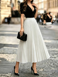 1pc Women's Skirt, Spring/autumn Solid Color Stretch Waist Sun Pleat A-line Skirt - White