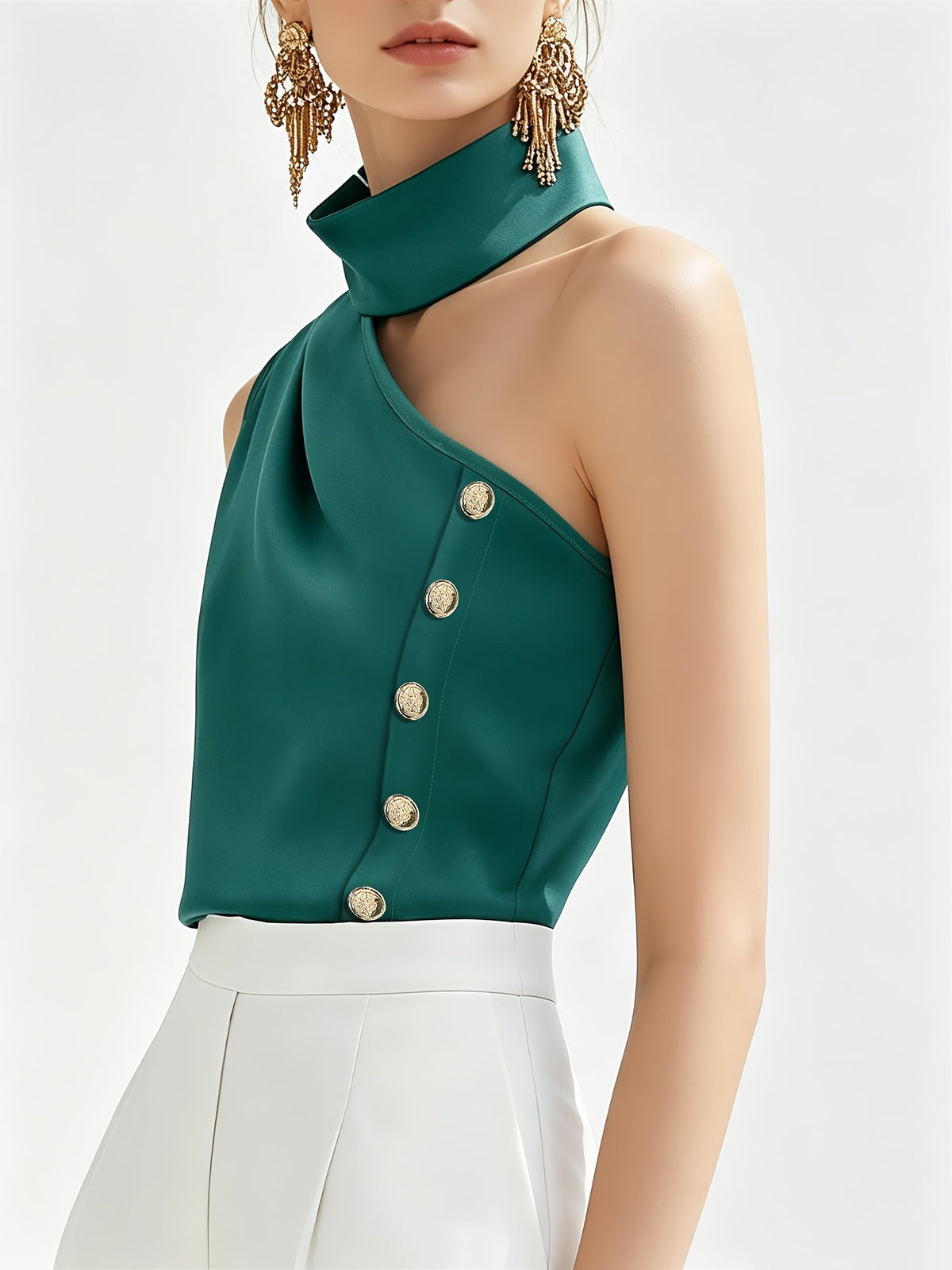 Women'S Retro Elegant Style Asymmetrical Off-Shoulder Neckline Fashion Vest, Asymmetrical Design with Golden Buckle Decoration, Suitable for Art Exhibitions, High-End Socializing, Holiday Parties, Halloween, Christmas, Casual Outings, Travel - Green