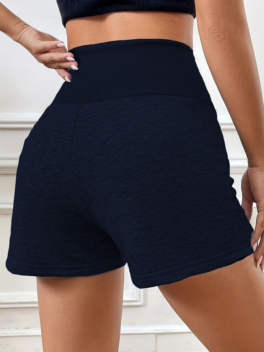 Women's Summer Casual High-Waist Contrast Ribbed Drawstring Solid Color Slim-Fit Hot Shorts for Casual Attire - Navy Color