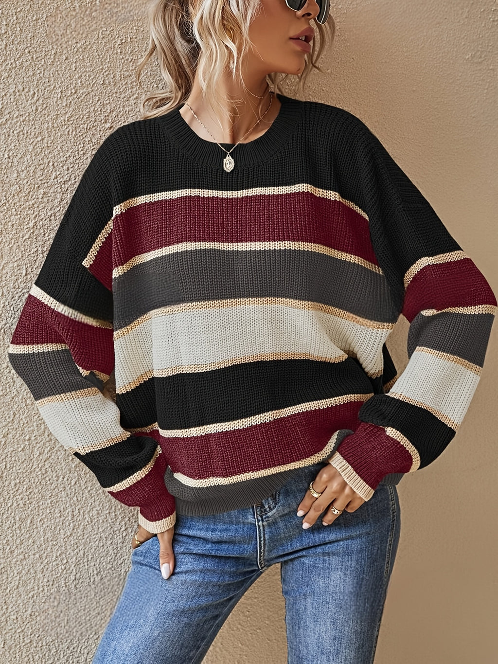 Women'S Color Block Striped Pullover Sweater - Cozy Long Sleeve Crew Neck, Loose Fit, Fall/Winter Casual Top with Green, Brown, and Beige Stripes, Casual Winter Wear | Relaxed Fit Top | Construction, Sweater Dress, Fall Clothe For Women, Fall Sweater For - Burgundy