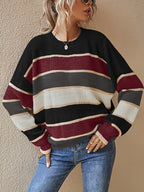 Women'S Color Block Striped Pullover Sweater - Cozy Long Sleeve Crew Neck, Loose Fit, Fall/Winter Casual Top with Green, Brown, and Beige Stripes, Casual Winter Wear | Relaxed Fit Top | Construction, Sweater Dress, Fall Clothe For Women, Fall Sweater For - Burgundy