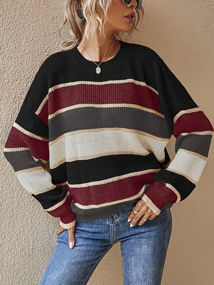 Women'S Color Block Striped Pullover Sweater - Cozy Long Sleeve Crew Neck, Loose Fit, Fall/Winter Casual Top with Green, Brown, and Beige Stripes, Casual Winter Wear | Relaxed Fit Top | Construction, Sweater Dress, Fall Clothe For Women, Fall Sweater For - Burgundy