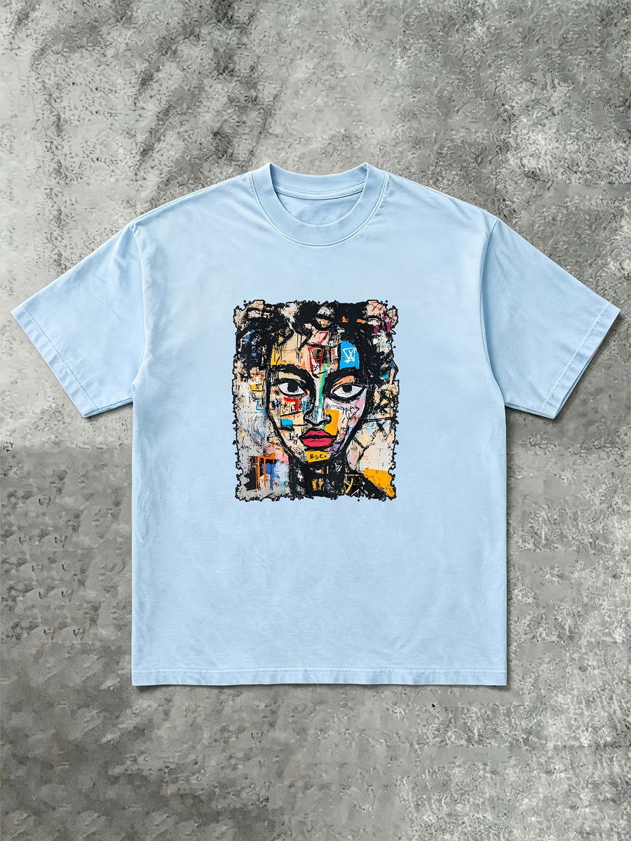 1990S Art Style Abstract Graffiti T-Shirt, Unisex, Men'S Soft Round Neck Pure T-Shirt, Street Trendy Casual Half Sleeve Top, Summer Casual Commuting - Sky Blue