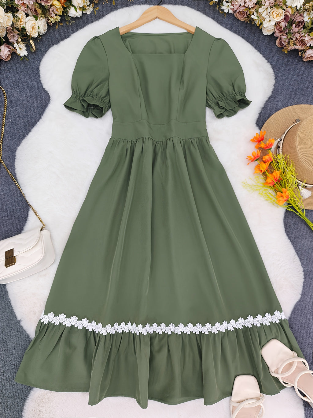 Women's Ombre Color Casual Elegant Vacation Wrap-Front Waist-Cinching A-Line Lace Trim Dress - Olive