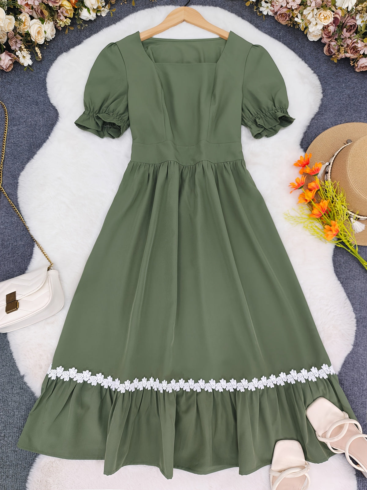 Women's Ombre Color Casual Elegant Vacation Wrap-Front Waist-Cinching A-Line Lace Trim Dress - Olive