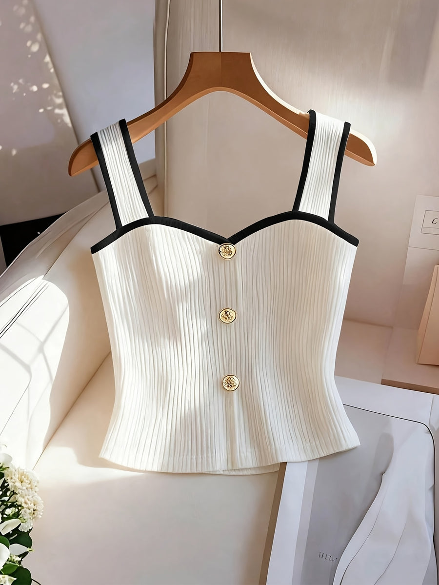 New Spring Summer Style, Elegant French Style Sleeveless White Vest, Fashionable And Graceful, Featuring High-End Decorative Buttons And a Unique Black And White Block Design - White