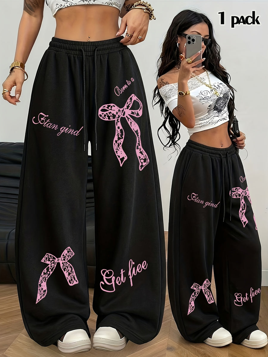 Sweet and Cool Bow Print with Letter Pattern, Women's Casual Y Straight-Leg Pants, Elastic Waist with Drawstring Wide-Leg Long Pants, All-Season Women's Trousers - Black