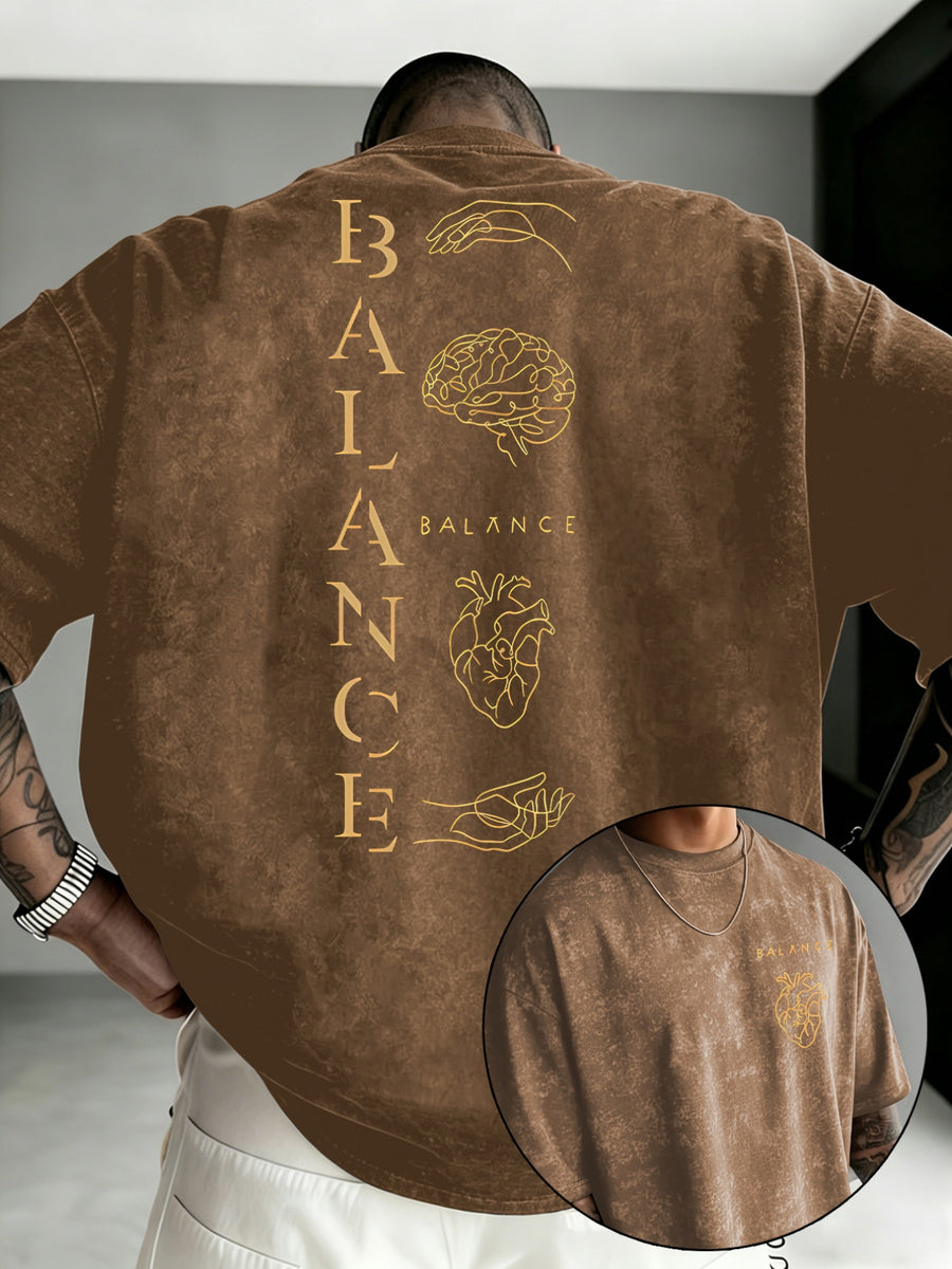 Men'S Distressed BALANCE Balance Print T-Shirt, Regular Casual Round Neck Short Sleeve, Minimalist Niche Trendy Top - Coffee Color