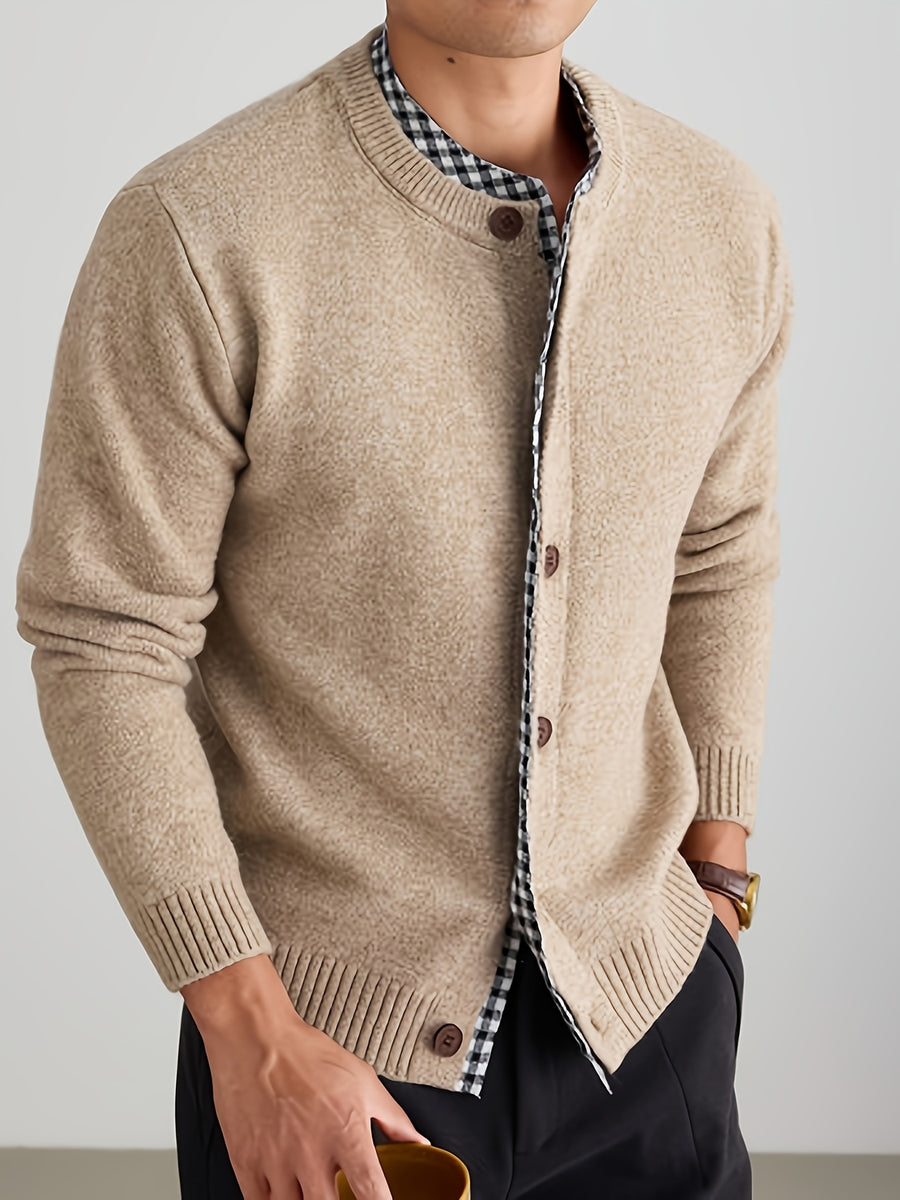 Men's Knitted Cardigan with Round Neck, Black and White Checkered Placket, 2-in-1 Look, Single-Breasted, Business Casual, Spring/Autumn Regular Fit for Daily Commuting - Beige Camel