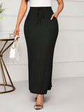 Women's Elegant Midi Skirt - Stretchy Fabric with Adjustable Bow Tie Waist, Slit Pockets & Flattering Fitted Cut for Spring/Autumn, Casual Outings, Parties & Vacations - Black
