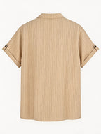 Men's Stand Collar Henley Short Sleeve Shirt 3pcs, Vertical Stripe Texture Half-Button with Pocket Top, Summer Breathable Casual Vacation 3pcs Versatile Men's Shirt Set - Khaki + Khaki + Black