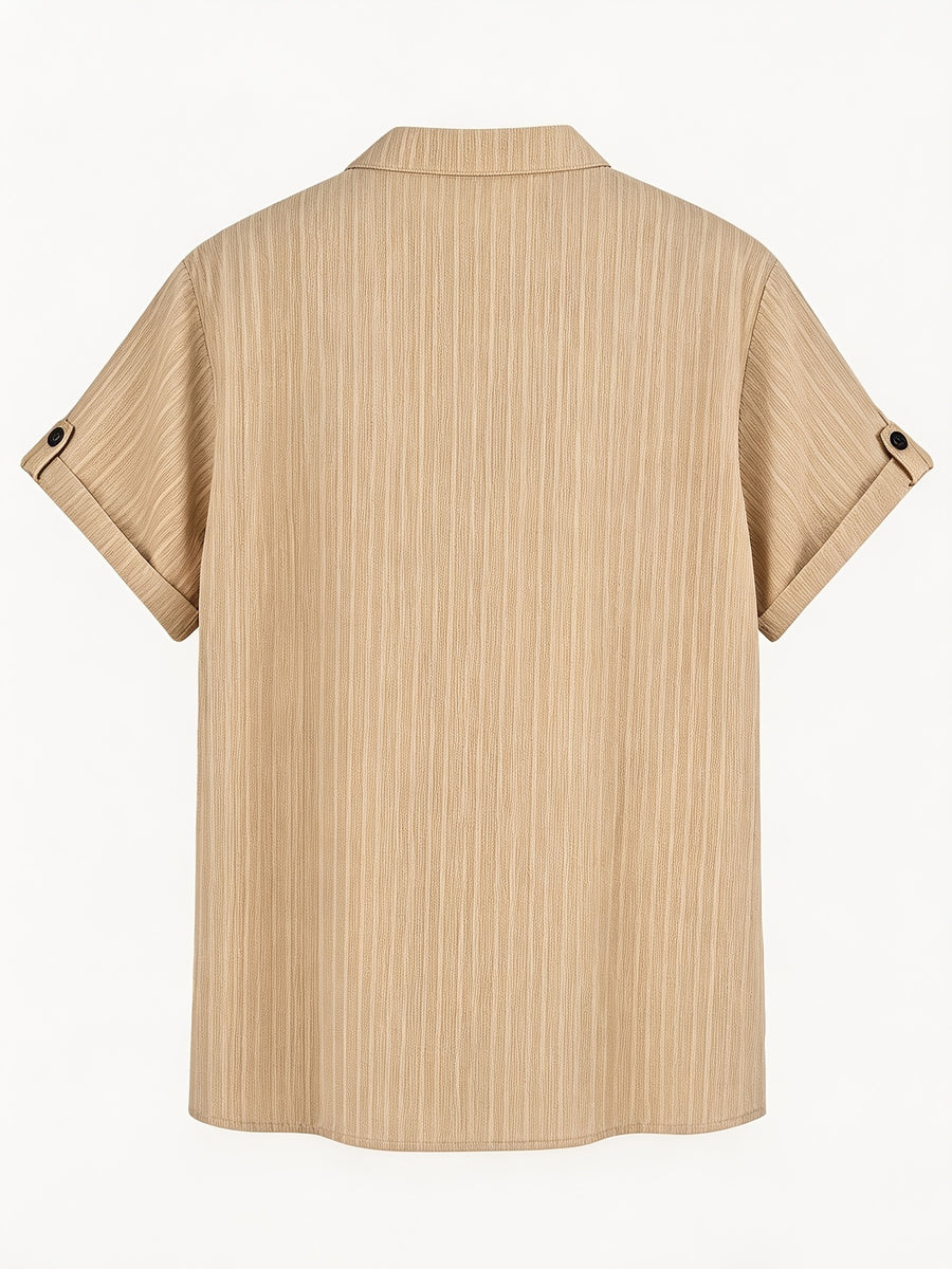 Men's Stand Collar Henley Short Sleeve Shirt 3pcs, Vertical Stripe Texture Half-Button with Pocket Top, Summer Breathable Casual Vacation 3pcs Versatile Men's Shirt Set - Khaki + Khaki + Black