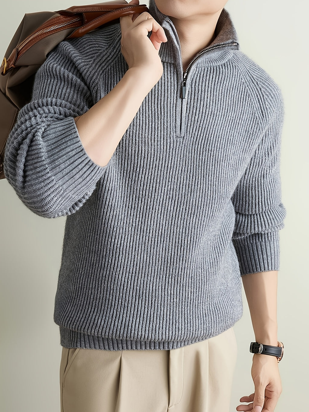 Men's Solid Gray Half-Zip Sweater with Stand Collar & Raglan Sleeves - Warm Winter Knit Pullover, Loose Fit Vertical Rib Texture Suitable for Casual and Light Business Wear, Machine Washable Fall/Winter Sweater - Grey