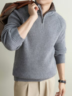 Men's Solid Gray Half-Zip Sweater with Stand Collar & Raglan Sleeves - Warm Winter Knit Pullover, Loose Fit Vertical Rib Texture Suitable for Casual and Light Business Wear, Machine Washable Fall/Winter Sweater - Grey