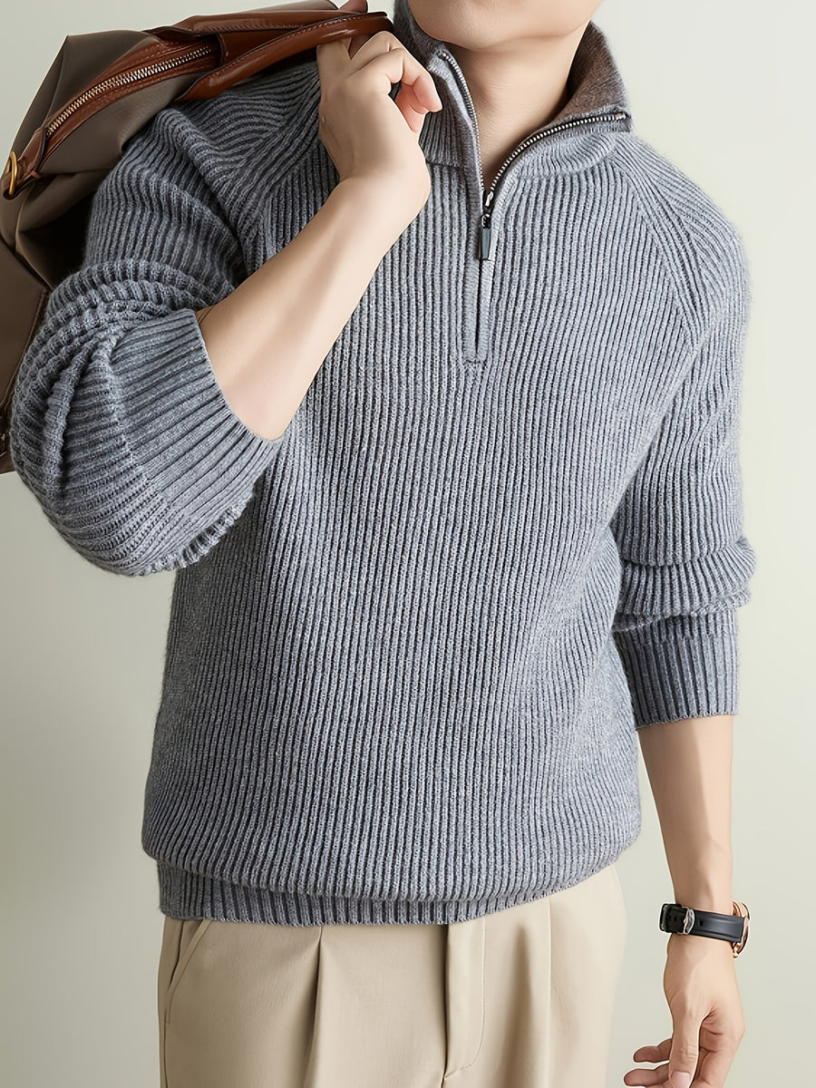 Men's Solid Gray Half-Zip Sweater with Stand Collar & Raglan Sleeves - Warm Winter Knit Pullover, Loose Fit Vertical Rib Texture Suitable for Casual and Light Business Wear, Machine Washable Fall/Winter Sweater - Grey