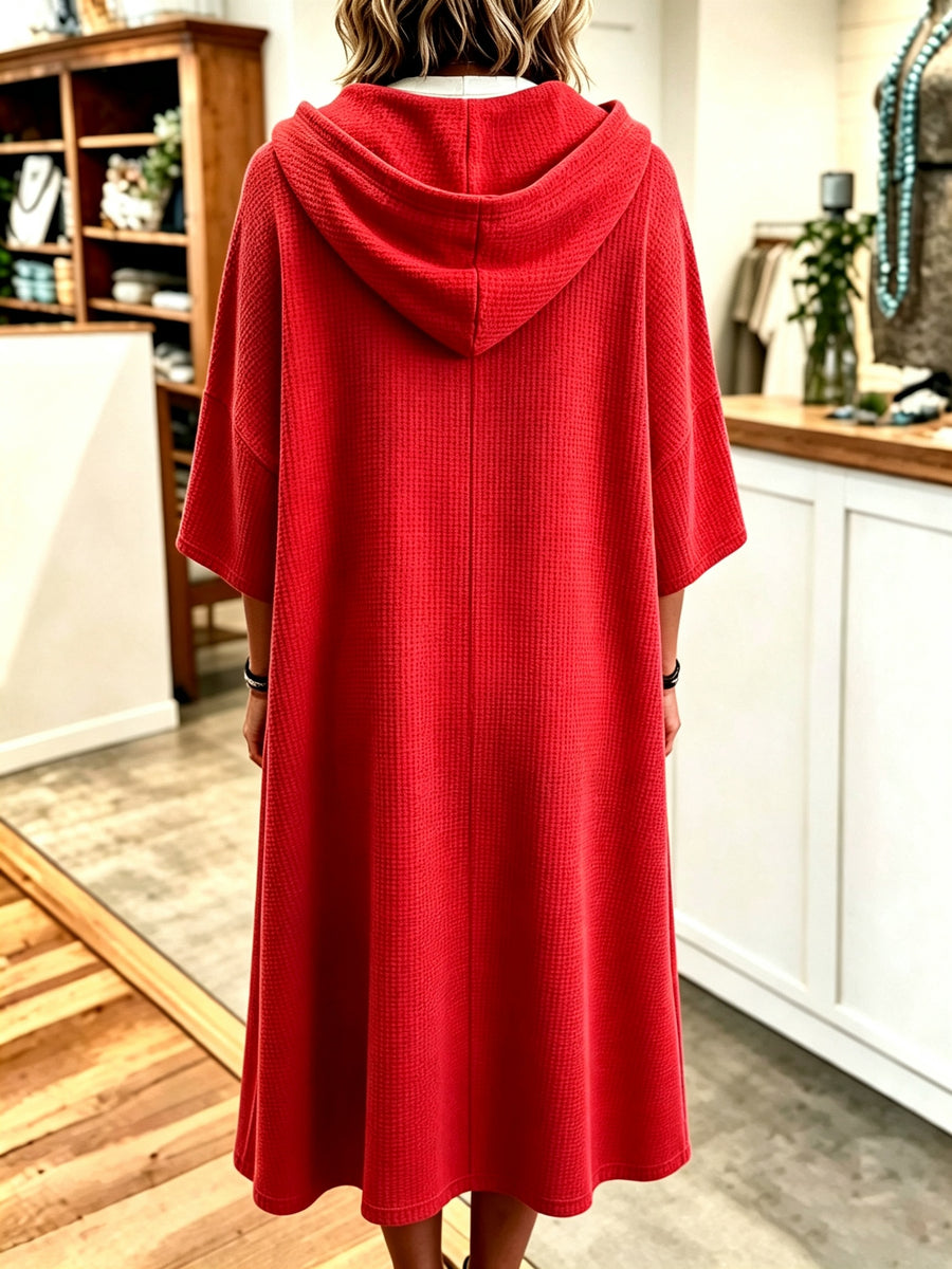 Plus Size - Spring Autumn New Waffle Half-Zip Hooded Sweatshirt Dress Women'S Loose Plus Size Three-Quarter Sleeve Drawstring Pocket Mid-Length Casual Style Solid Color Pullover Dress - Red