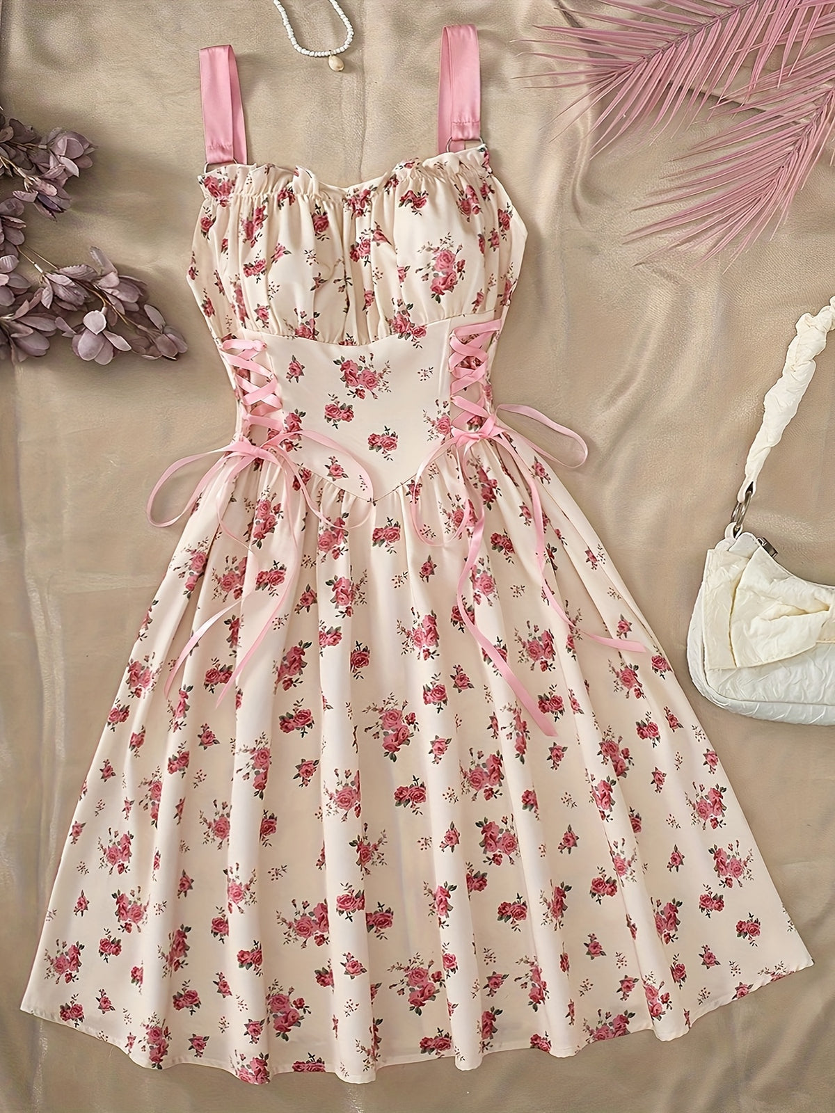 Elegant Floral Print O-Ring Decorated Front Pleated Stretchy Lace Waist Cross Tie Bow Strap Dress with a Back Zipper A-Line Flared Design, Perfect for Vacation And Seaside Elegant Parties - Pink