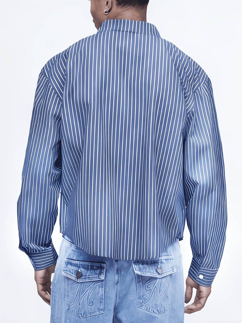Men's Short Striped Casual Long-Sleeve Button- Shirt with Lapel, Suitable for Spring/Autumn Outings, Vacations, and Daily Wear, Men's Fashion Apparel - Navy Color