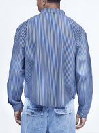 Men's Short Striped Casual Long-Sleeve Button- Shirt with Lapel, Suitable for Spring/Autumn Outings, Vacations, and Daily Wear, Men's Fashion Apparel - Navy Color