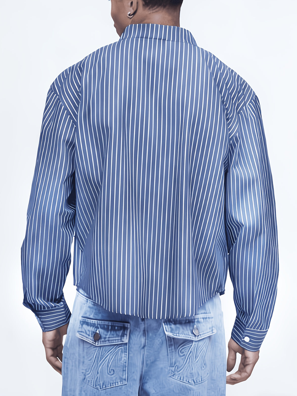 Men's Short Striped Casual Long-Sleeve Button- Shirt with Lapel, Suitable for Spring/Autumn Outings, Vacations, and Daily Wear, Men's Fashion Apparel - Navy Color