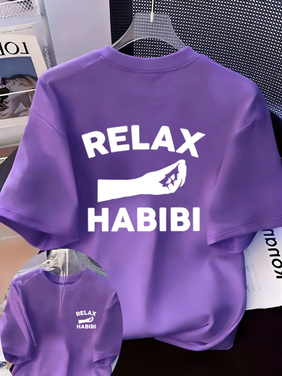 Front And Back Printed Women'S Fashion Base Print T-Shirt, Soft And Versatile, Casual Style Printed Pattern with RELAX HABIBI Lettering And Hand Gesture Design Printed Short Sleeve T-Shirt, Suitable for Casual Wear, Fashion All-Season Top - Purple