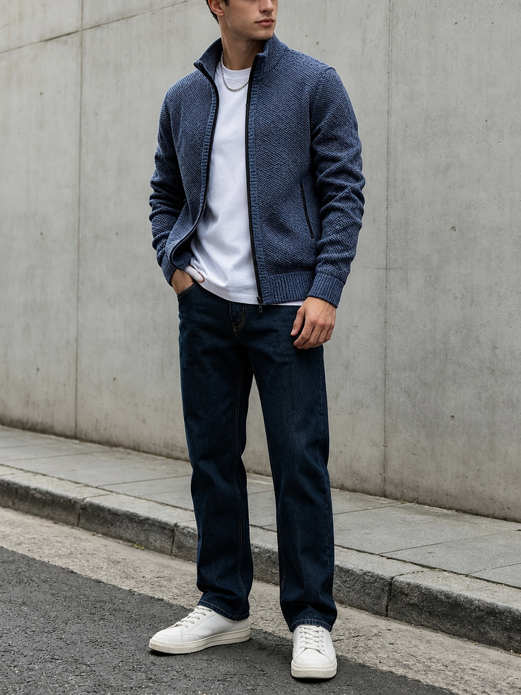Men's Autumn and Winter Mixed Color Knitted Sweater, Comfortable and Warm, Very Durable Knitted Texture Sweater Jacket, Casual Style, Versatile for Daily Commuting Winter Clothes for Men - Navy Color