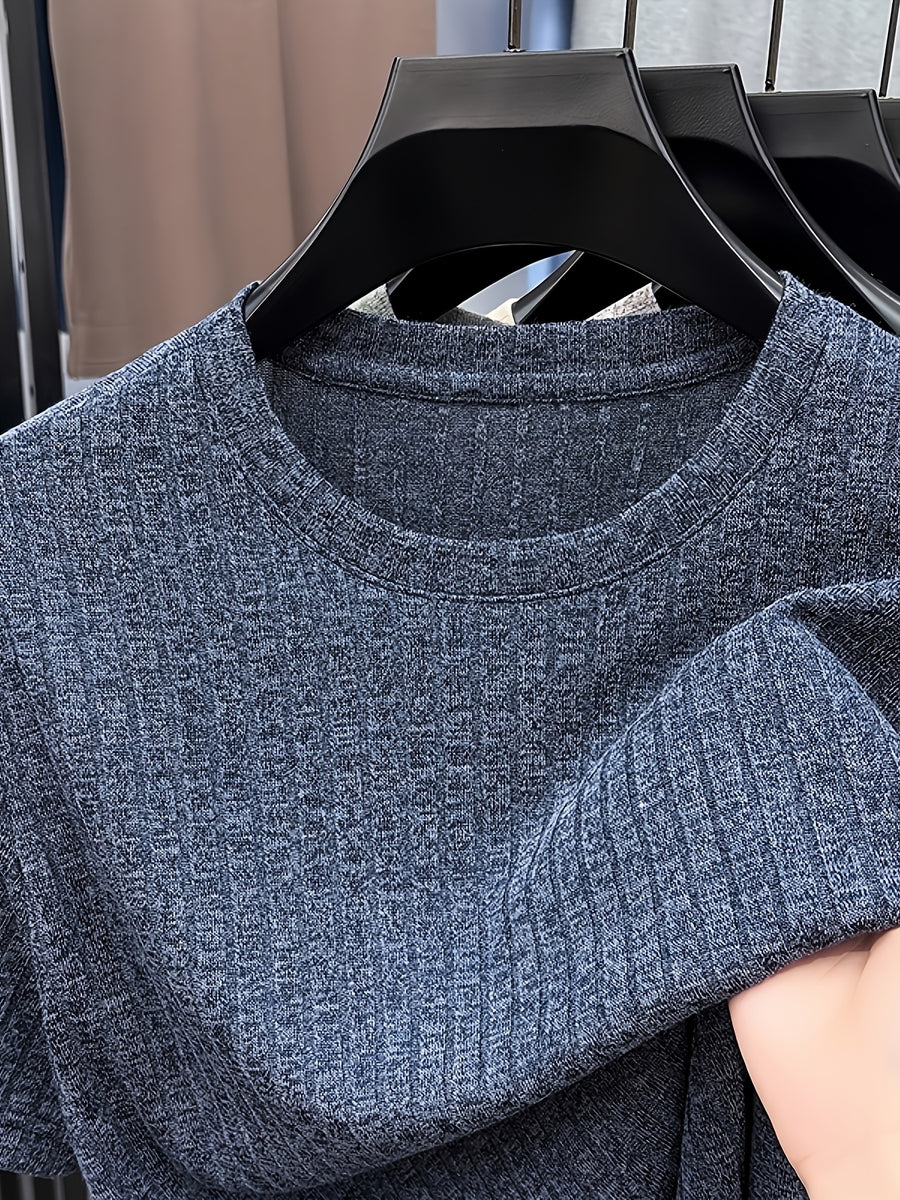 Men'S Round Neck Vertical Ribbed Knit T-Shirt, Summer Breathable Commuter Business Style, Casual Versatile Short Sleeve Top, Basic Round Neck Design, Neat Stitching, Contouring Neckline, Unrestrictive for Daily Activities - Shangqing