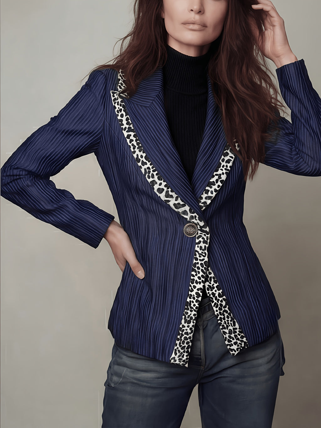 2026 Autumn New Style, Commuter Elegant Style, Striped Printed Leopard Pattern Lapel Patchwork Design Single Button with Lining, Long Sleeve Waist-Cinching Suit Jacket, Suitable for Casual Commute Outerwear - Dark Blue