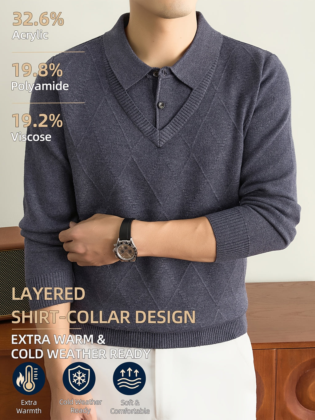 Men's Grey Polo Sweater, Faux 2pcs Shirt-Collar Design, V-Neck & Subtle Diamond Knit Pattern, Classic Refined Style, Warm Autumn Winter Pullover for Casual Wear, Golf & Outdoor Activities - Medium Gray
