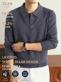 Men's Grey Polo Sweater, Faux 2pcs Shirt-Collar Design, V-Neck & Subtle Diamond Knit Pattern, Classic Refined Style, Warm Autumn Winter Pullover for Casual Wear, Golf & Outdoor Activities - Medium Gray