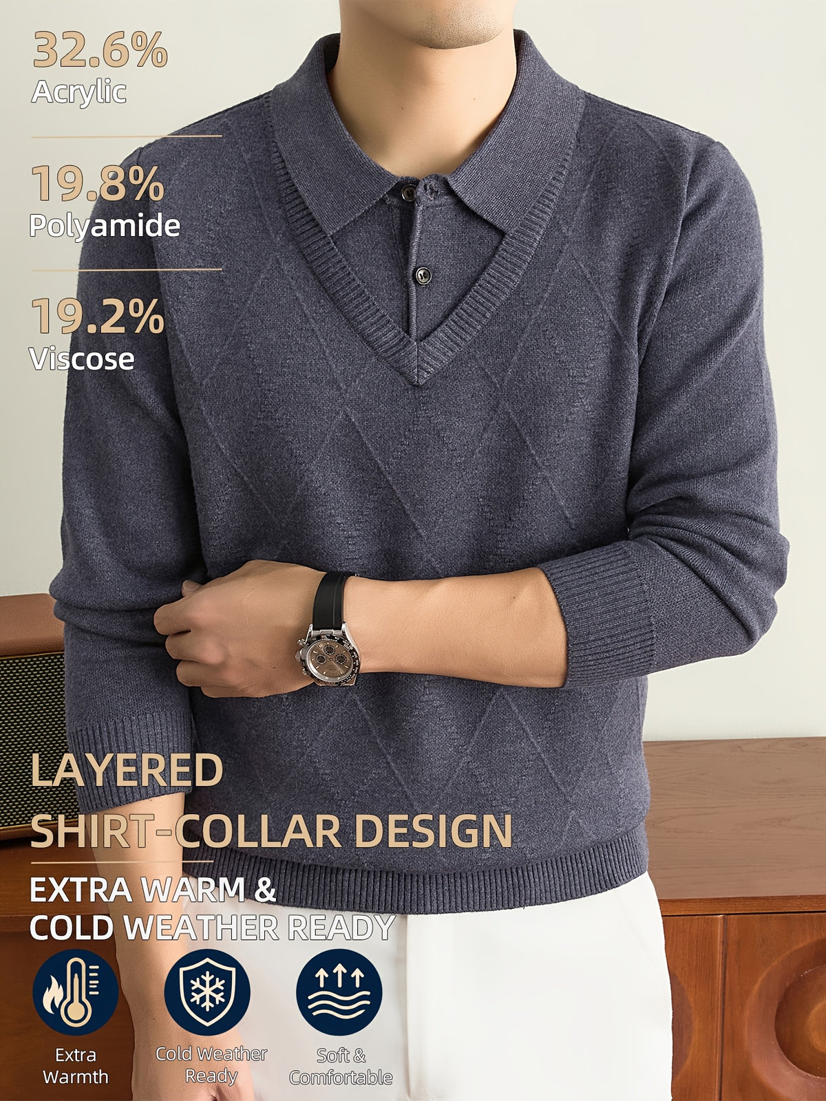 Men's Grey Polo Sweater, Faux 2pcs Shirt-Collar Design, V-Neck & Subtle Diamond Knit Pattern, Classic Refined Style, Warm Autumn Winter Pullover for Casual Wear, Golf & Outdoor Activities - Medium Gray