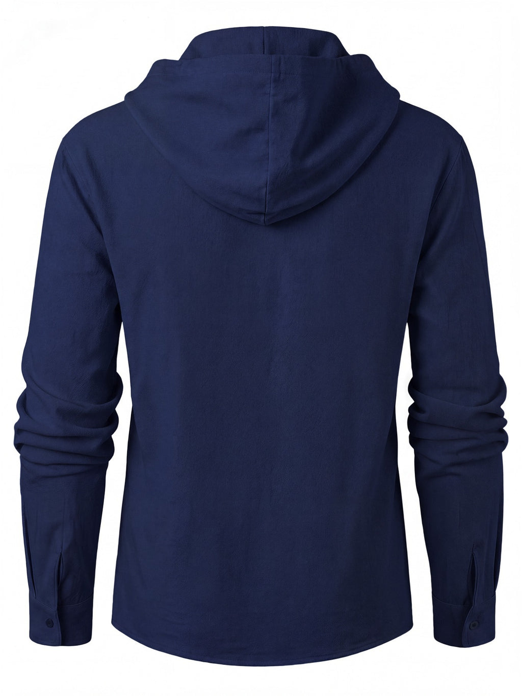 Outdoor Mountain Men's Linen Hooded Long-Sleeve Shirt with Hand-Painted Mountain Silhouette Print to Enhance Apparel Recognizability. Creative Cross-Tie Collar Adds Rich Layering. Long Sleeves and Hooded Design Create an Atmospheric Men's Outfit - Navy Color