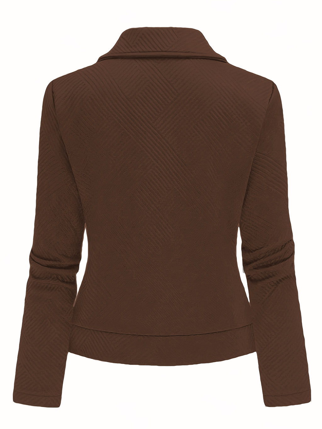Women's New Solid Color Maze Grid Zipper Button Decorated Biker Jacket, a Stylish and Elegant Commuting, Outing, and Daily Wear Casual Jacket Top, Suitable for Autumn and Winter Seasons - Coffee Color
