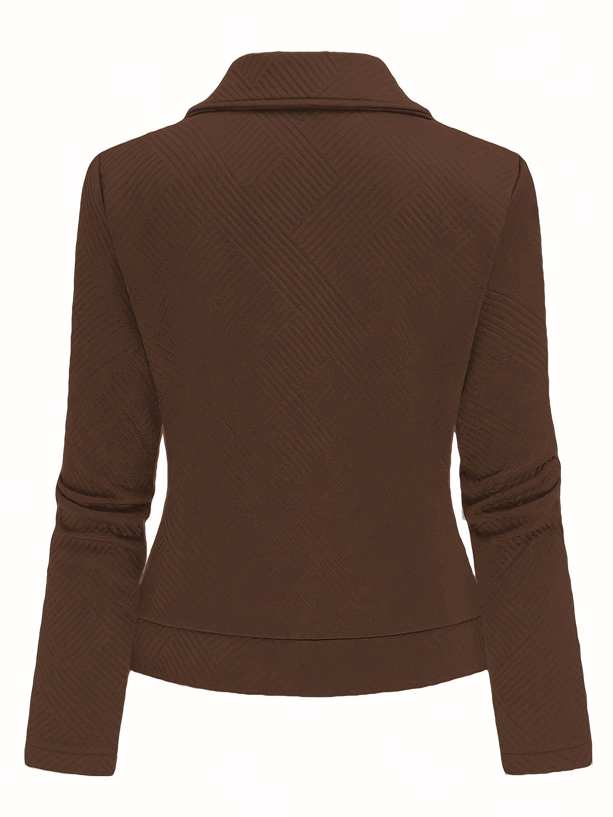 Women's New Solid Color Maze Grid Zipper Button Decorated Biker Jacket, a Stylish and Elegant Commuting, Outing, and Daily Wear Casual Jacket Top, Suitable for Autumn and Winter Seasons - Coffee Color