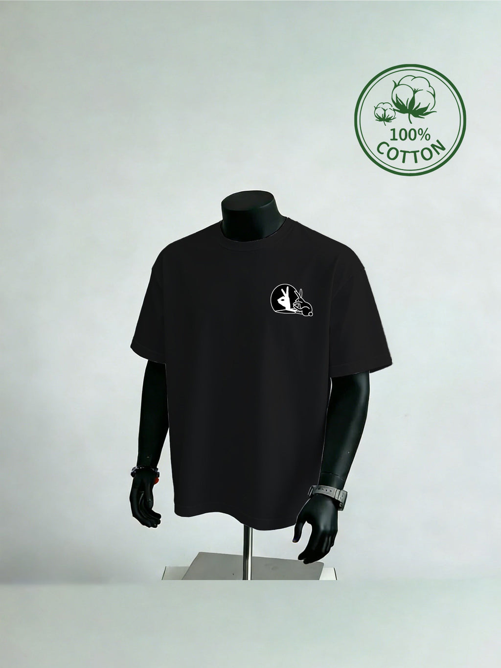 New Summer Style Men's Casual Sportswear with Rabbit Hand Shadow Print, Pure Cotton Short Sleeve, Moisture-Wicking and Sweat-Absorbing, Comfortable for Casual Streetwear and Outdoor Sports & Fitness - Black