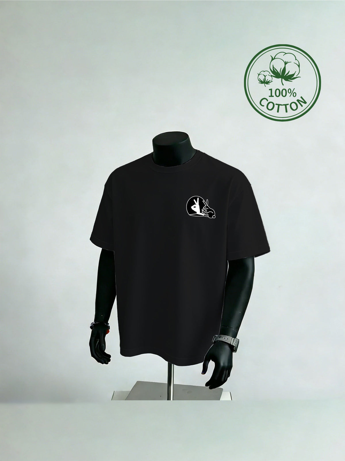 New Summer Style Men's Casual Sportswear with Rabbit Hand Shadow Print, Pure Cotton Short Sleeve, Moisture-Wicking and Sweat-Absorbing, Comfortable for Casual Streetwear and Outdoor Sports & Fitness - Black