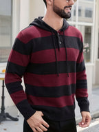 Men'S Hooded Sweater Autumn Winter New Fashion Casual Sweatshirt Knit Pullover Long Sleeve Warm Top Men, Regular Fit, Daily, Striped - Burgundy