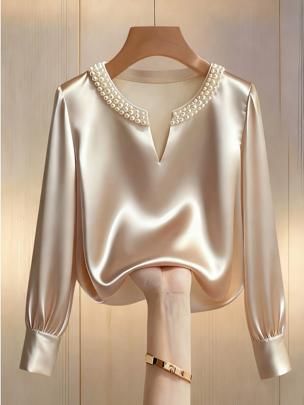 Ladies' Champagne-colored Elegant Round-neck V-neck Pearl-embellished Long-sleeve Shirt, Made of Satin Fabric, Suitable for Commuting and Daily Elegant Wear. Elegant Special - Apricot