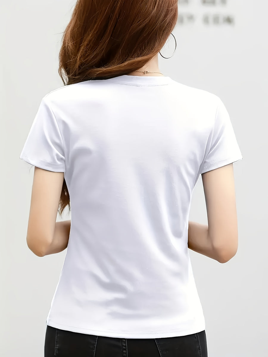 Women'S Fashionable Solid Color Round Neck Short Sleeved Top - White