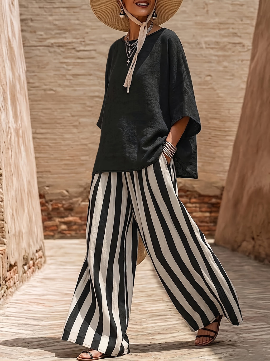 Women'S Fashion Loose Casual Two-Piece Set, Vacation Style Batwing Sleeve Round Neck Top And High-Waist Striped Wide-Leg Pants - Black