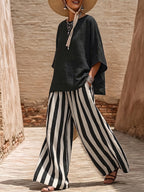 Women'S Fashion Loose Casual Two-Piece Set, Vacation Style Batwing Sleeve Round Neck Top And High-Waist Striped Wide-Leg Pants - Black