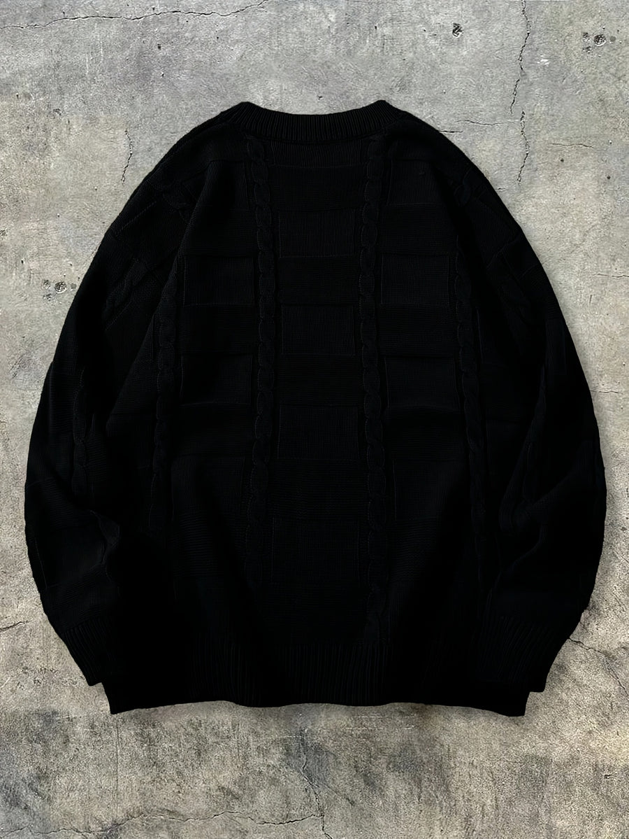 Autumn Winter Men'S New Casual Loose Easy Checkered Twisted Rope Pattern Vintage American Commute All-Match Knit Long Sleeve Round Neck Pullover Top - Black