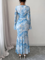 New French Casual Print Tie-Dye Golden Trim Mesh V-Neck Twist Knot Flare Sleeve High-End Elegant Slim Fit Women'S Long-Sleeved Dress, Suitable for Daily Wear And Valentine'S Day Autumn Dress - Sky Blue