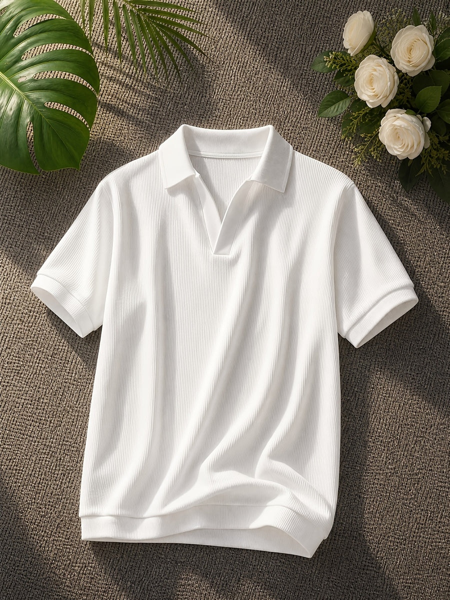 New Fashion Men'S Polo Collar Casual Outing Commute Top Fabric Stretch Ribbed, Spring, Trendy, Outdoor, Breathable - White