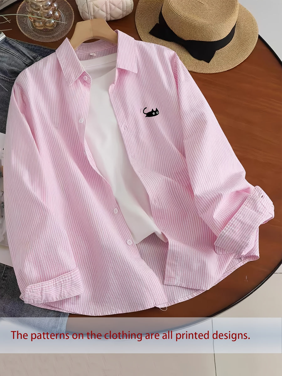 Korean-style Spring/Autumn Thin Fashionable Trendy Cool and Handsome Men's Healing Cartoon Print Long Sleeve Thin Striped Loose Fit Casual Shirt - Pink